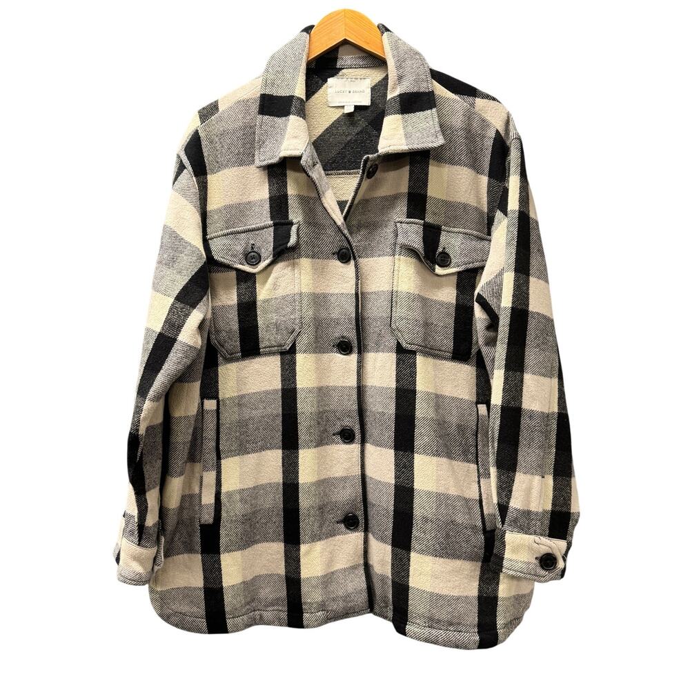 Lucky Brand Shacket Womens Large Black Cream Plaid Oversized Flannel Heavyweight
